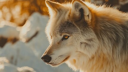 Obraz premium Close-up Portrait of a White Wolf with Golden Eyes in a Snowy Landscape