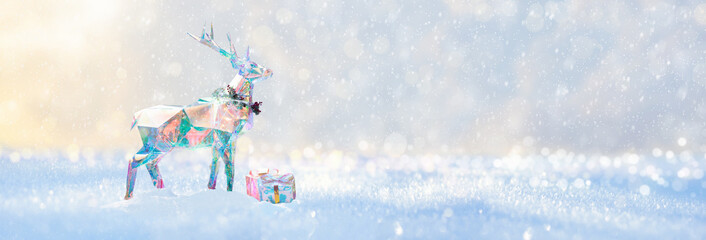 Merry Christmas. Iridescent deer and gifts in snow