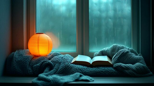 Cozy reading nook with open book and warm lantern, rain falling outside the window. Seamless looping 4K video background