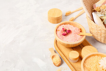 Spa composition with sea salt on light background