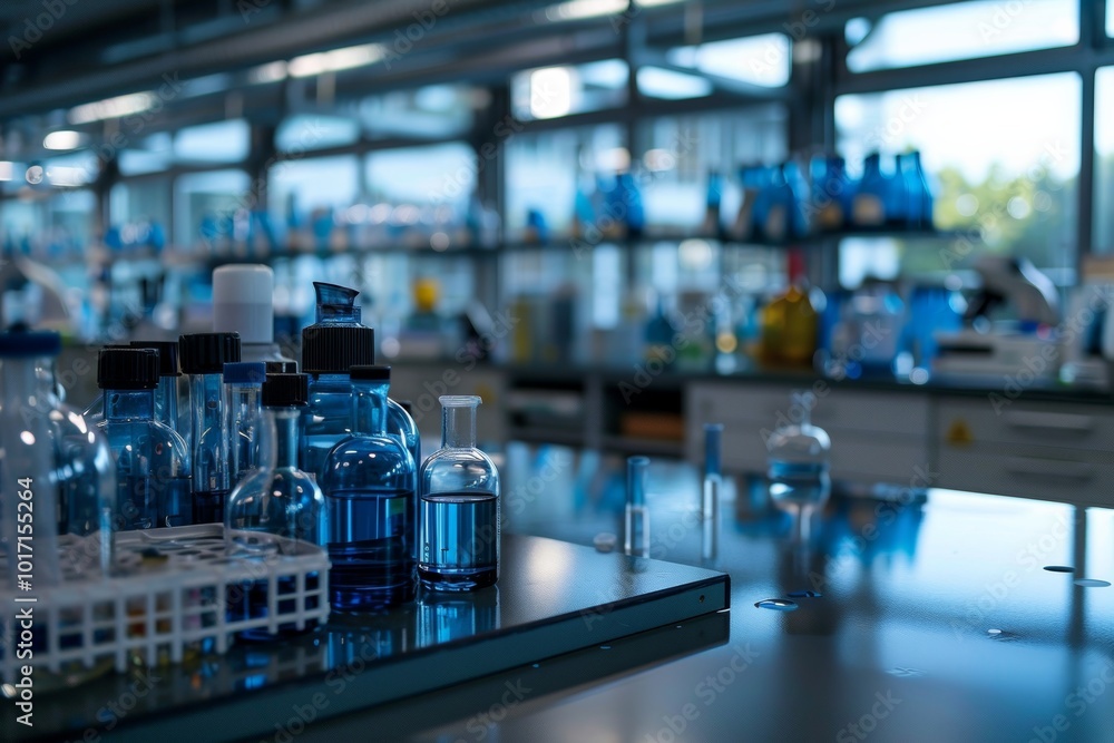 Leinwandbilder a lab workspace features an array of glass containers filled with blue liquids, illuminated by natur