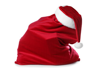 Red Santa Claus bag and hat isolated on white