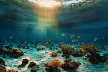 Obraz premium Underwater world with many fishes. AI Generated