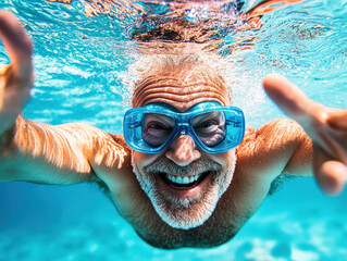 Fototapeta premium A joyful swimmer beams with a bright smile through clear blue water, protected by blue swim goggles, capturing a moment of carefree fun and underwater adventure.