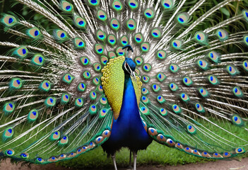 Obraz premium Majestic peacock displaying its vibrant feathers, colorful nature, enchanting outdoor setting