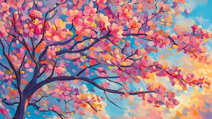Brush Strokes Art, Flowering Tree Oil Painting, Abstract Image, Texture, Pattern Background, Wallpaper, Smartphone Cover and Screen, PC, Laptop, 9:16 and 16:9 Format