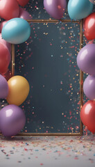 An invitation frame bordered with playful balloons and confetti providing space for party details ve