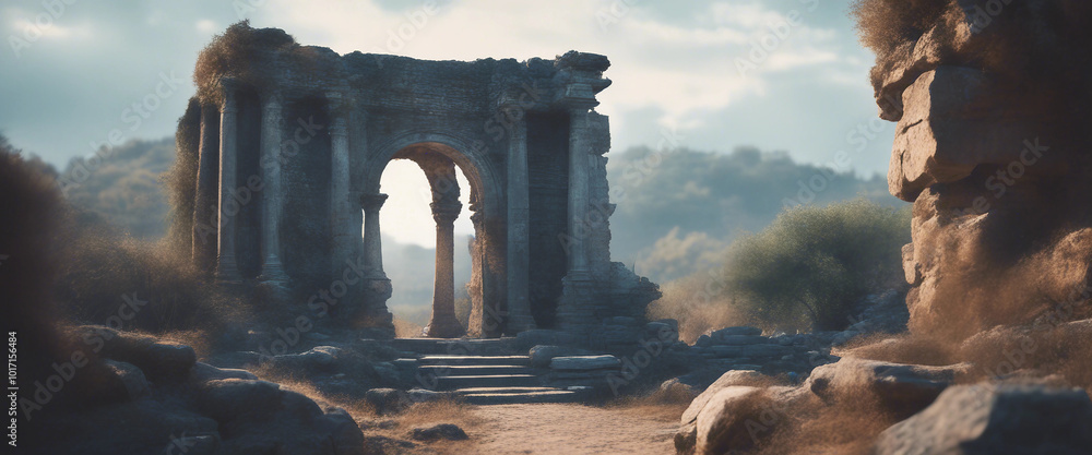 Wall mural Ancient portal with blue light and ruins at ritual place