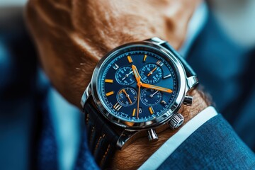 The chronograph watch with an elegant blue face and orange accents is showcased up close, epitomizing precision and modern style in every detail of its craftsmanship.