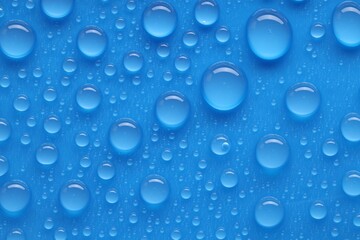 Water drops on blue background, top view