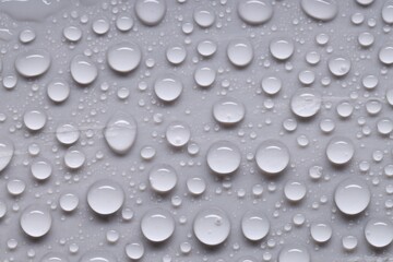 Water drops on gray background, top view