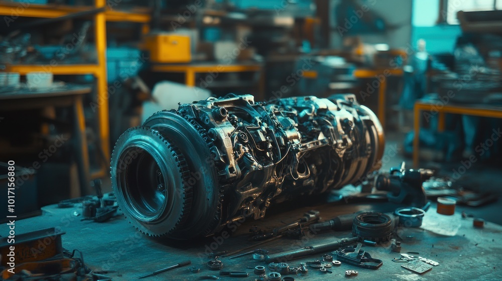Poster disassembled mechanical engine part on a workshop table