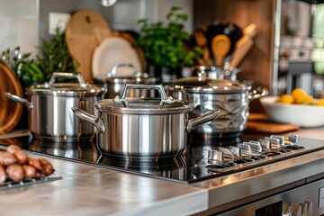 A well-equipped kitchen showcases shiny stainless steel pots on the stove with fresh herbs and a...