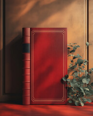 3D red book with blank cover stands on table.