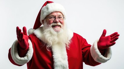 Cheerful Santa Claus in a traditional red suit joyfully extends his arms. White background