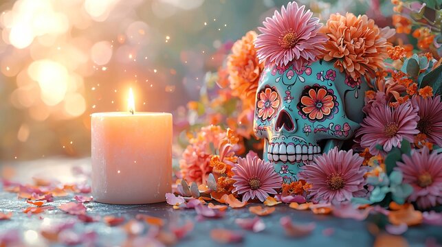 A serene Day of the Dead altar featuring a vibrant sugar skull and lit candle, perfect for commemorating loved ones during Dia De Los Muertos celebrations.