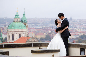 Wedding asian couple, bride and groom outdoor. Couple in love, wedding marriage ceremony and event....