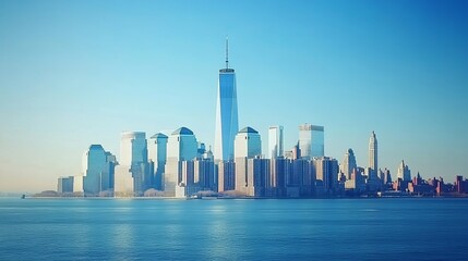 Fototapeta premium New York, United States. Manhattan's Midtown skyline, New York City. NYC, NY, Manhattan, USA. large American city. The skyline of Lower Manhattan. New Jersey to New York. Blue sky over downtown 