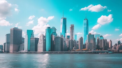 New York, United States. Manhattan's Midtown skyline, New York City. NYC, NY, Manhattan, USA. large American city. The skyline of Lower Manhattan. New Jersey to New York. Blue sky over downtown 