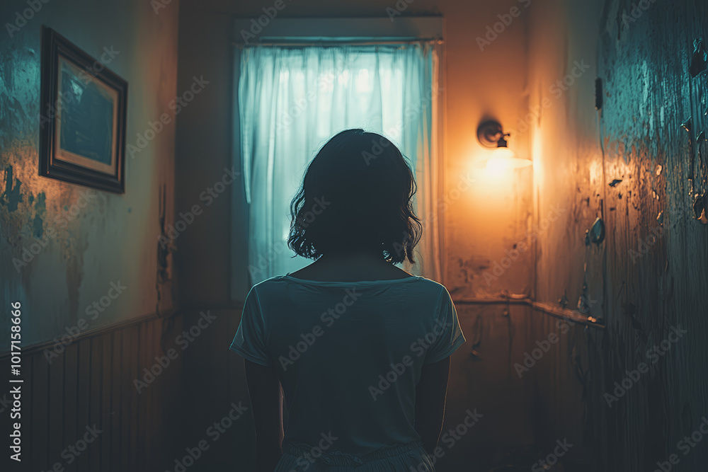Poster a person pacing back and forth in a small room, unable to calm down during an anxious episode. conce