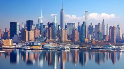 Obraz premium New York, United States. Manhattan's Midtown skyline, New York City. NYC, NY, Manhattan, USA. large American city. The skyline of Lower Manhattan. New Jersey to New York. Blue sky over downtown 