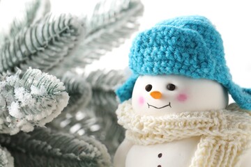 Cute decorative snowman and fir tree branches against white background, closeup