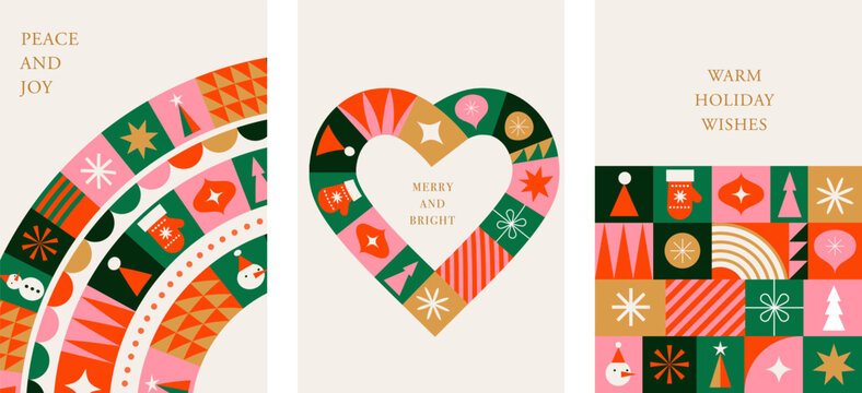 Fototapeta Merry Christmas cards in modern minimalist geometric style. Merry Christmas colorful illustration in flat cartoon style. Xmas backgrounds with geometrical patterns, stars