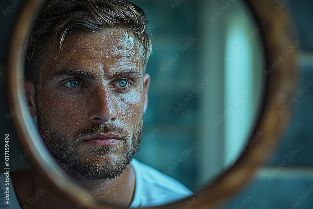 Poster a man looking in the mirror, seeing a distorted reflection of himself, representing body dysmorphia.