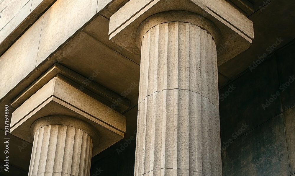 Poster close-up shot of large stone pillars supporting a modern building, showcasing the detailed texture a