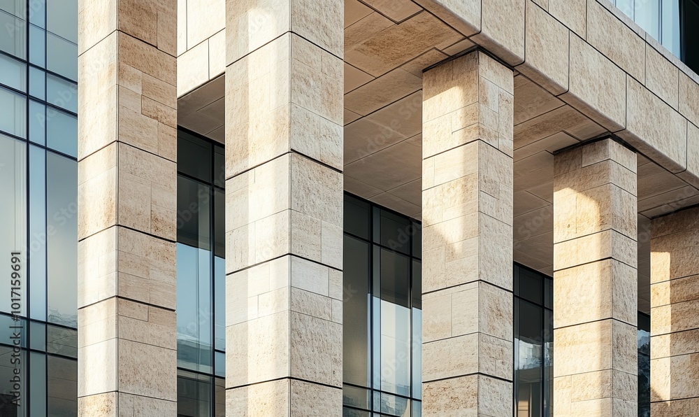 Poster close-up shot of large stone pillars supporting a modern building, showcasing the detailed texture a