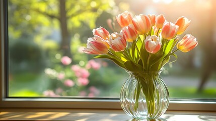 tulipany, kwiaty, wazon, szkło, okno, drewniany parapet, naturalne światło, wiosna, przyroda, ogród, pastelowe kolory, różowy, biały, świeżość, kwiaty w wazonie, minimalizm, prostota, naturalne piękno