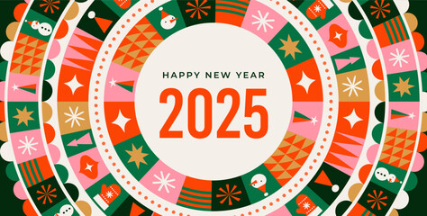 Merry Christmas and Happy New Year modern abstract minimalist geometric style. Christmas colorful illustration in flat cartoon style. Xmas backgrounds with patterns