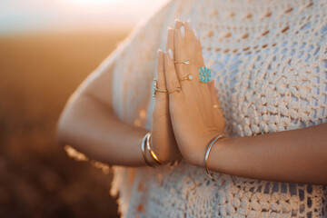 Boho Woman Practicing Yoga, Namaste Gratitude Mudra On Nature At Summer. Hands