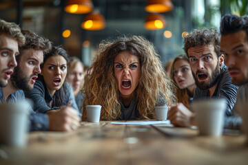 A group of coworkers in a heated discussion, each person trying to talk over the others. Concept of workplace disagreement.