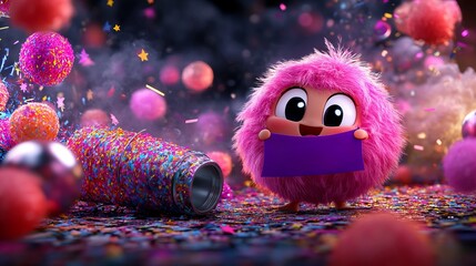 A cute pink fluffy character holds a purple card in front of a colorful confetti background.