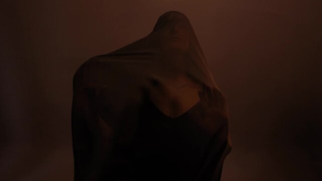 a mystical priestess under a black veil, a woman in black on a dark background, the wind sways the fabric on her face