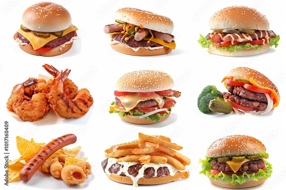 Poster A tempting display features an array of burgers with various toppings, alongside grilled shrimp and crispy fries, appealing to all appetites. Generative AI