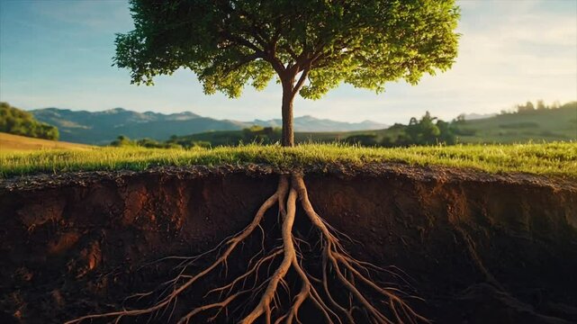 large tree showing its deep roots in rich soil with green grass, sunny beautiful day 