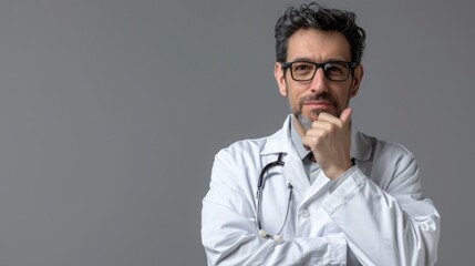 Obraz premium A thoughtful doctor in a white coat looks directly at the camera while holding his chin in contemplation.