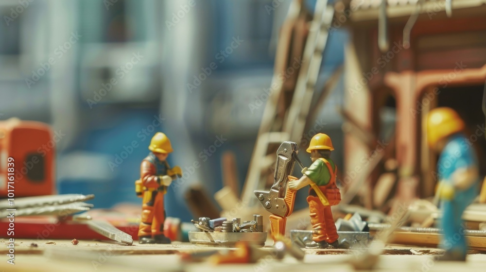 Aufkleber A team of workers is focused on repairing structures with various tools and materials at a construction site in a vibrant city area. Generative AI
