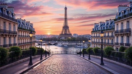panoramic view of Paris at sunset, focusing on iconic landmarks like the Eiffel Tower, the Seine River, and classic Parisian architecture