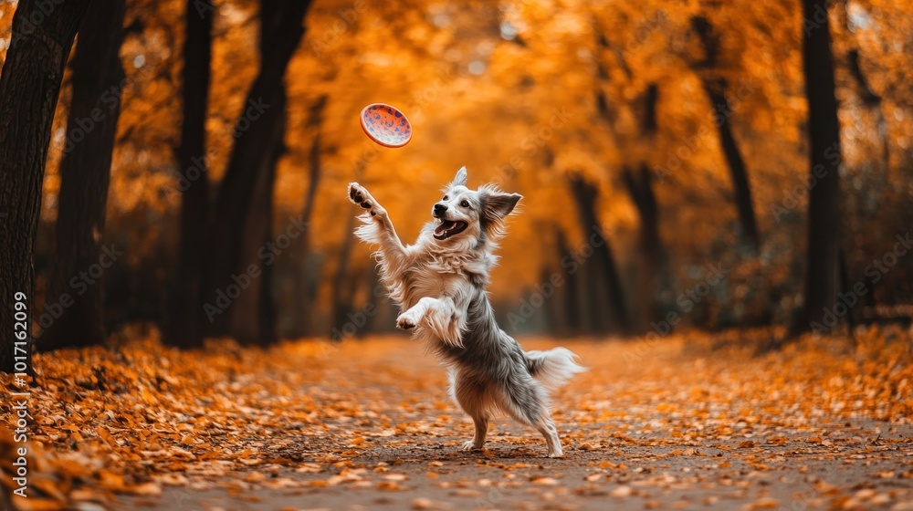 Poster A Border Collie Dog Leaps Upward To Catch A Flying Disc In Autumn