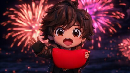 A cute cartoon boy smiles with joy as he watches fireworks explode in the night sky.