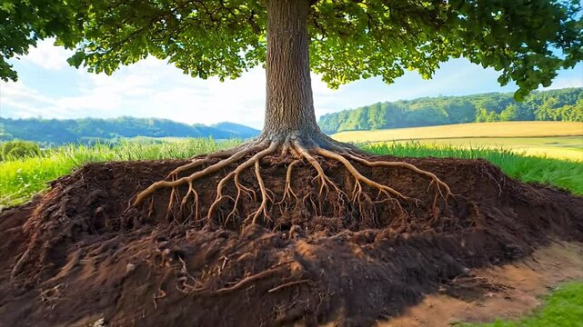 large tree showing its deep roots in rich soil, sunny beautiful day Generative AI 