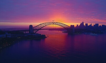 Naklejka premium harbor bridge and bay, aerial view at sunrise