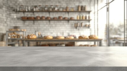 Bakery with tabletop in kitchen on blur baking background. Empty countertop for food products presentation. Modern restaurant interior space with panoramic windows.
