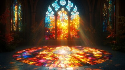 An illustration of a circular stained glass window inside a cathedral, with vibrant colors and complex patterns of leaves and flowers