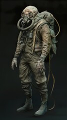 Fototapeta premium Post-Apocalyptic Soldier in Gas Mask, Futuristic Concept Art