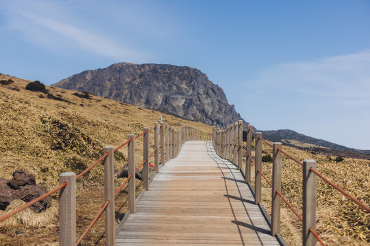 Hallasan National Park, Jeju island, South Korea, spring landscape view of Yeongsil trail, Halla volcano peak, trekking and climbing to Halla mountain, travel and hiking in Korea, Jeju-do, sunny day