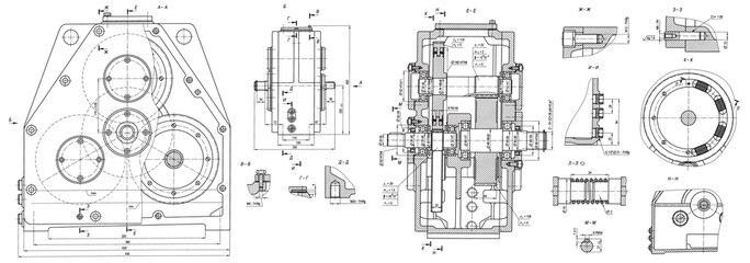 Engineering mechanical pencil drawing of steel devices
(reducer, gearbox, engine)
with dimension lines. Industrial 
cad scheme on white paper sheet. Technology background
of machine building industry.